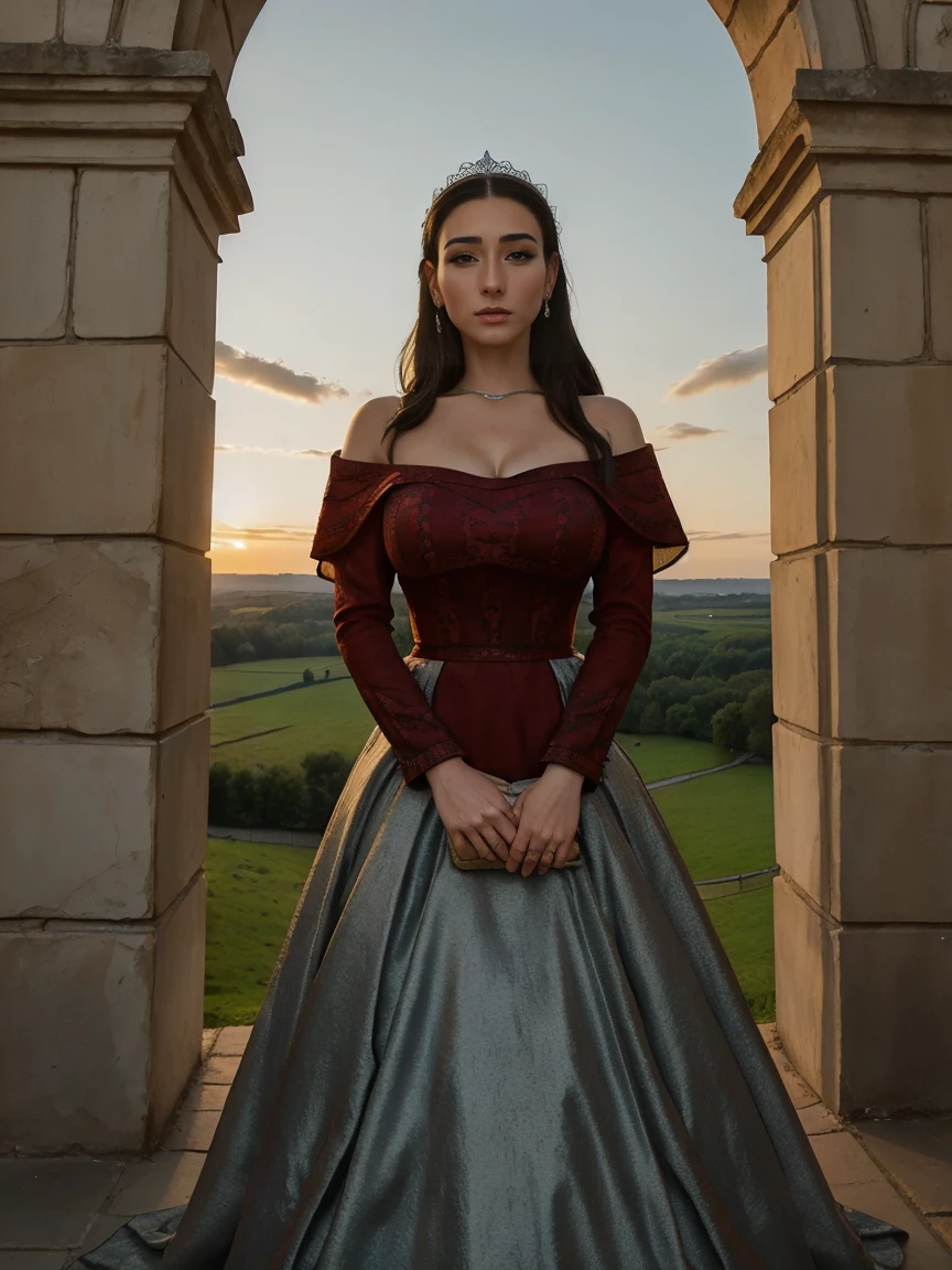 Beautiful and regal, imperious and aloof, busty athletic (thin) brunette queen with sharp facial features wearing a modest updo, dark red medieval dress, long sleeves, intricate patterns, embroidery, wide neck, crown, veil, long dress, modest dress, tight bodice, silver (waist chain), medieval jewelry, Middle Ages, castle, rampart, wall, exterior, on top of a castle wall, trees, countryside, evening, sunset.