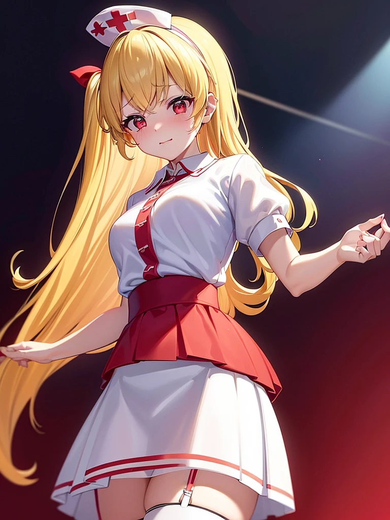 (red ribbon on hairband:1.2),masterpiece, best quality, highres, 1girl, solo, Blonde hair, RED eyes, High resolution, good lighting, , (No nudity), (nurse,white nurse uniform,white shirt:1.3),(open clothes:1.2),(ass out:1.2),(skirt pulled:1.2),(white thighhighs:1.1),, (turn around and look back), (((pointy_dss,from below))),, (((squatting:0.7))), (garter belt), abdomen only, (), , cute face,embarrassed and blush, humiliating, ((See-through))()(T-back)(a large amount of is on the body,)