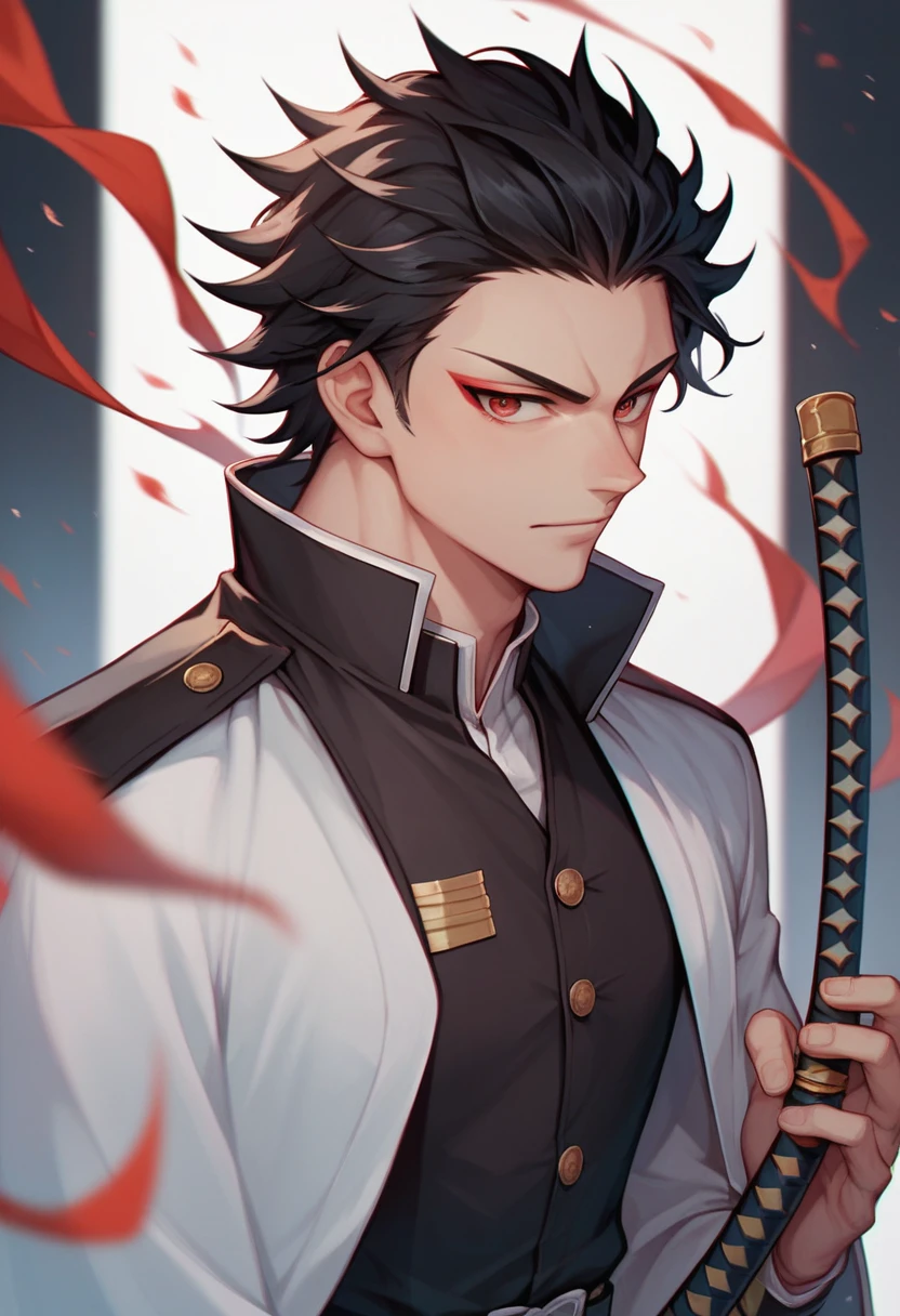(masterpiece, best quality:1.2), solo, male focus, 1boy, male demon slayer, red eyes, medium length black hair, demon slayer uniform, black jacket, long sleeves, white cape, black and red katana with flame designs