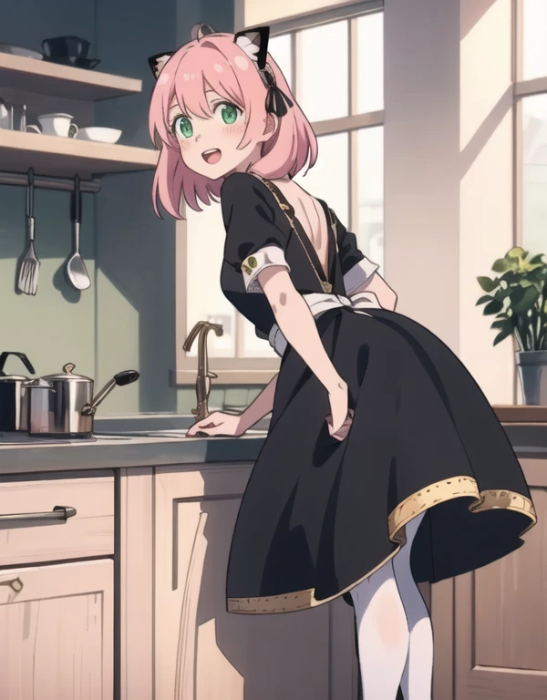 1girl, Imagine Anya Forger as an adult, (27 years old:1.5), Pink hair, green eyes, lukewarm smile, blushing cheeks, black dress with white collar, black tights, white apron, black and gold cat ears headband, high heels, indoors, kitchen, standing, leaning behind kitchen counter, looking at the viewer, open mouth
