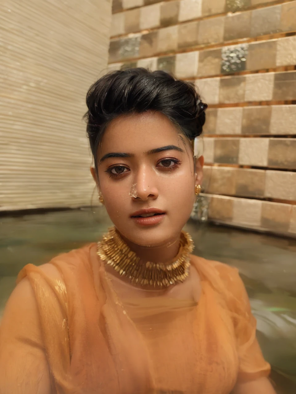 Close up portrait of a cute woman (Rashmika) bathing naked in a crystal clear river, reeds, (backlighting), realistic, masterpiece, highest quality, lens flare, shade, bloom, [[chromatic aberration]], by Jeremy Lipking, by Antonio J. Manzanedo, digital painting,
