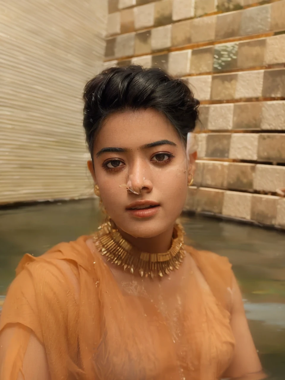 Close up portrait of a cute woman (Rashmika) bathing naked in a crystal clear river, reeds, (backlighting), realistic, masterpiece, highest quality, lens flare, shade, bloom, [[chromatic aberration]], by Jeremy Lipking, by Antonio J. Manzanedo, digital painting,