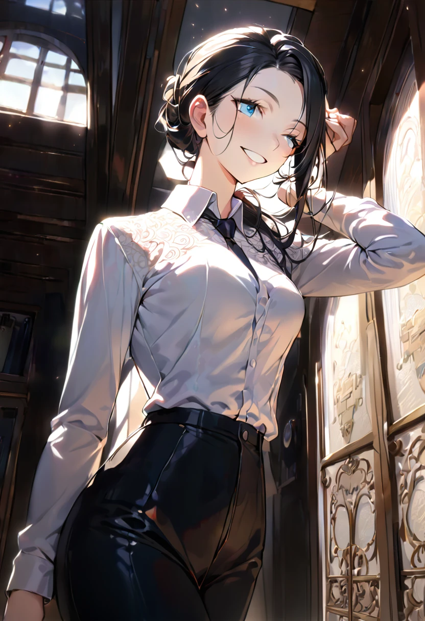 masterpiece, ((Very detailed背景, Delicate pattern, Intricate details)), (Very detailed, Fine details), Highest quality, Beautiful lighting,((Medium chest, Slim girl)), (White shirt, Formal Shirt, Black trousers, Formal attire), Tie your hair up, Nico Robin V2, One girl, Black Hair, Long Hair, alone, smile, blue eyes, Mouth closed, I slicked my hair back., (Complex and detailed background, internal, Corridor environment, Classy interior, window, Daytime), (Portraiture),  