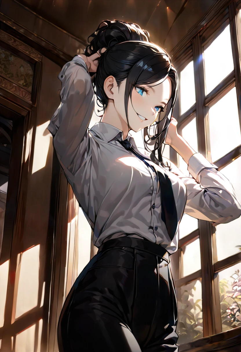 masterpiece, ((Very detailed背景, Delicate pattern, Intricate details)), (Very detailed, Fine details), Highest quality, Beautiful lighting,((Medium chest, Slim girl)), (White shirt, Formal Shirt, Black trousers, Formal attire), Tie your hair up, Nico Robin V2, One girl, Black Hair, Long Hair, alone, smile, blue eyes, Mouth closed, I slicked my hair back., (Complex and detailed background, internal, Corridor environment, Classy interior, window, Daytime), (Portraiture),  