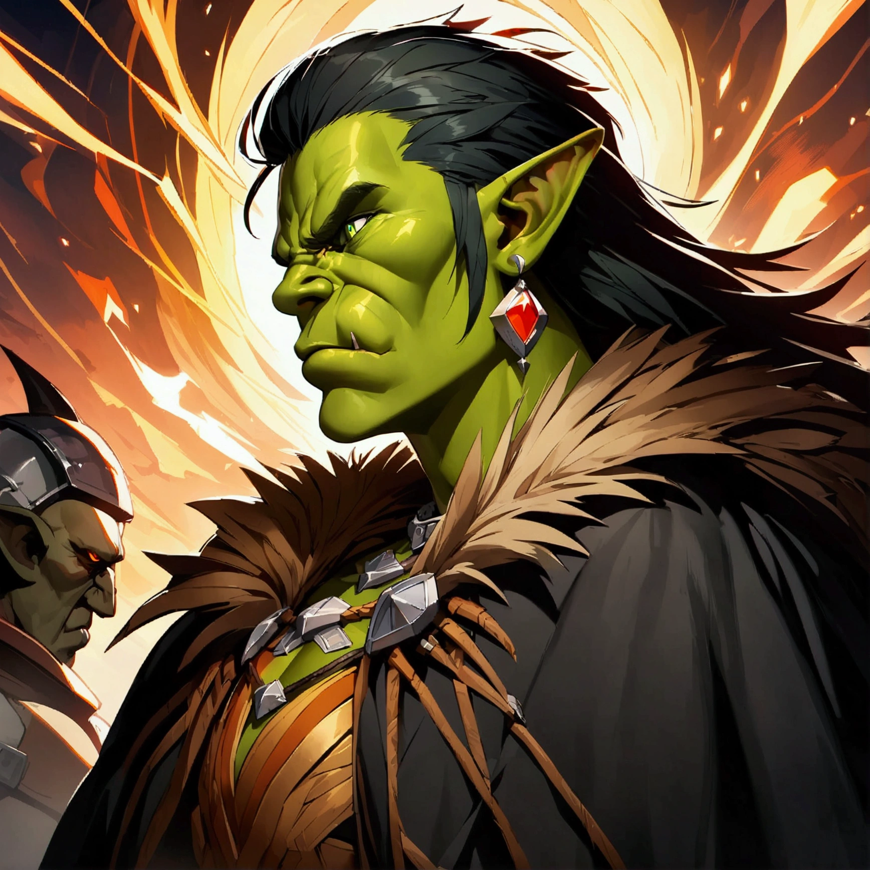 Orc with long hair, eye patch and a double-edged ax