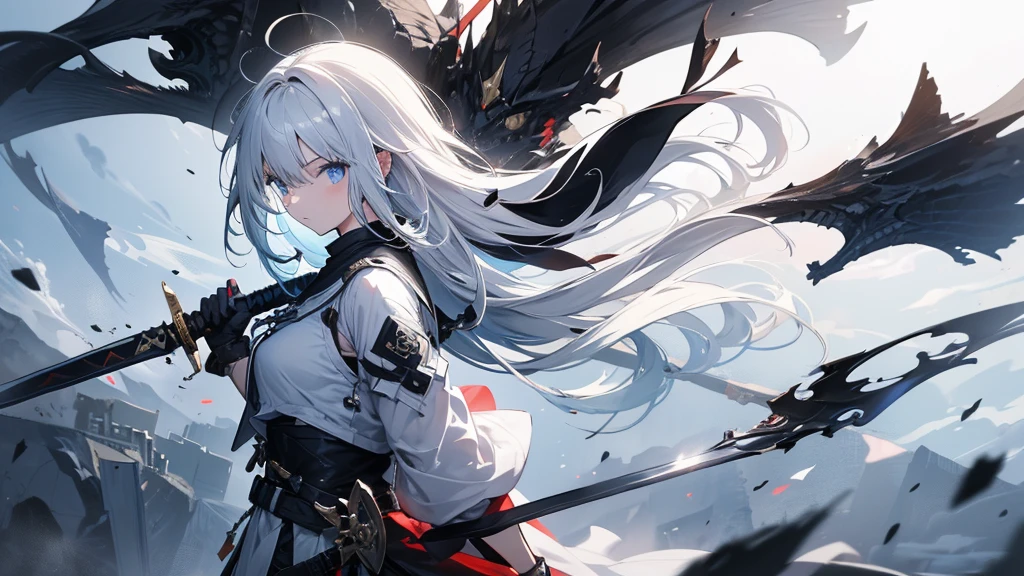 A girl holding a sword on a desolate battlefield。The color of the clothes is white。