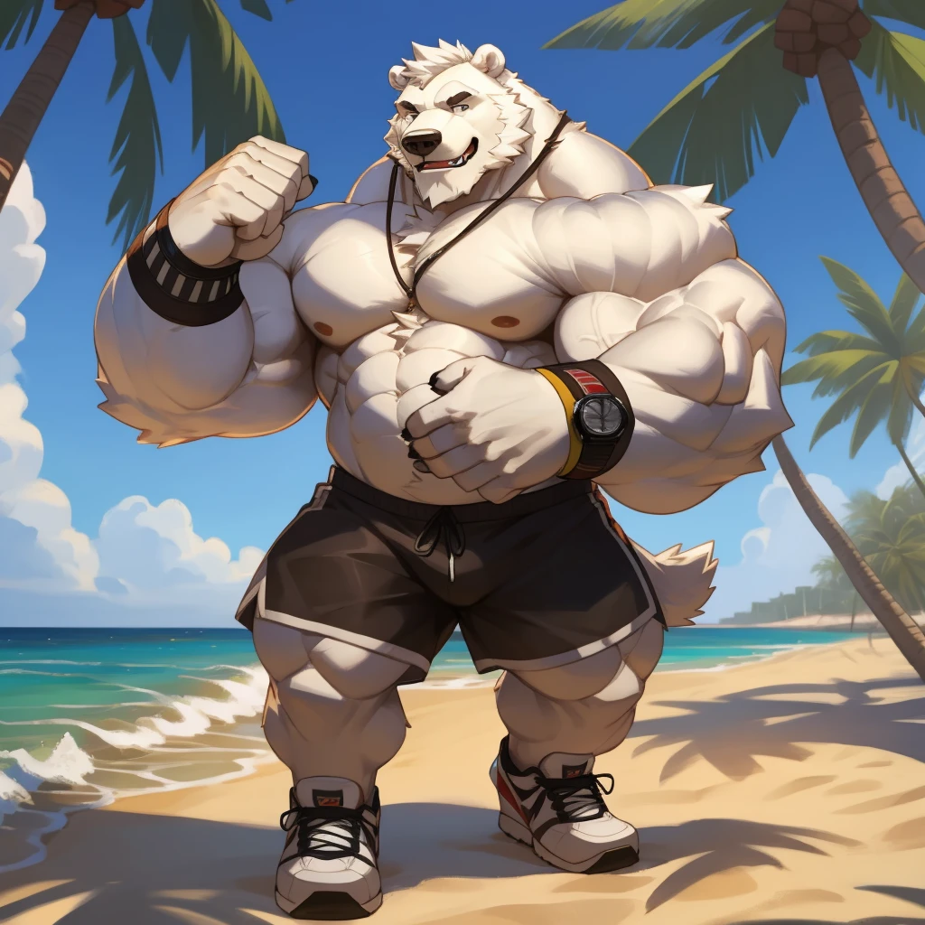 huge muscular polar bear in L.A. Beach, big smile, polar bear, huge white fur, thick arm, huge arm, bearded, white hair and beard, bearded, (muscular, pectoral, wide pectoral, thick arms), beach, palm, realistic, 8k, masterpiece, (wearing white shorts, wristband, watch and shirtless, shoes), correct anatomy, good anatomy