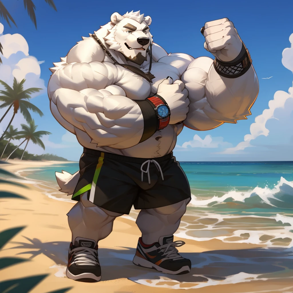 huge muscular polar bear in L.A. Beach, big smile, polar bear, huge white fur, thick arm, huge arm, bearded, white hair and beard, bearded, (muscular, pectoral, wide pectoral, thick arms), beach, palm, realistic, 8k, masterpiece, (wearing white shorts, wristband, watch and shirtless, shoes), correct anatomy, good anatomy