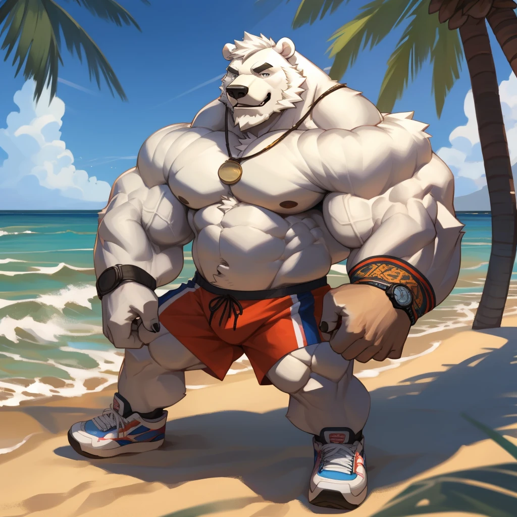 huge muscular polar bear in L.A. Beach, big smile, polar bear, huge white fur, thick arm, huge arm, bearded, white hair and beard, bearded, (muscular, pectoral, wide pectoral, thick arms), beach, palm, realistic, 8k, masterpiece, (wearing white shorts, wristband, watch and shirtless, shoes), correct anatomy, good anatomy