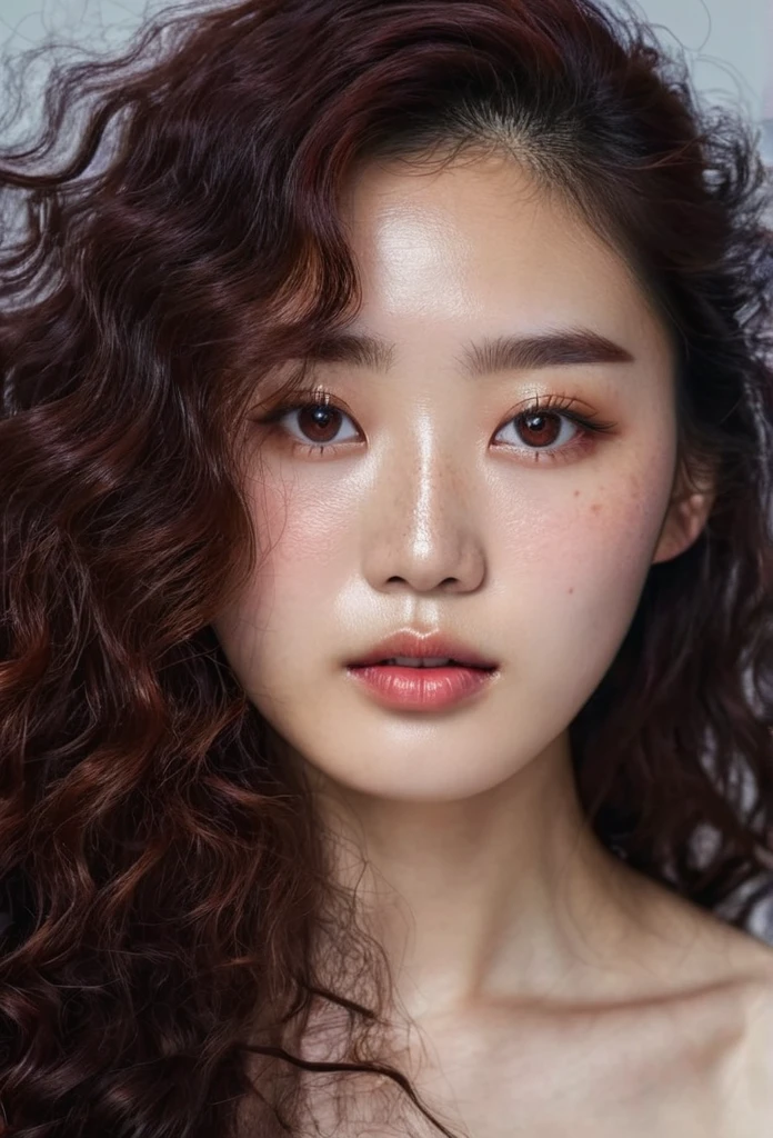 Korean lady, (freckles), ruby eyes, long curly hair, dark makeup, hyperdetailed photography, soft light, head and shoulders portrait, cover