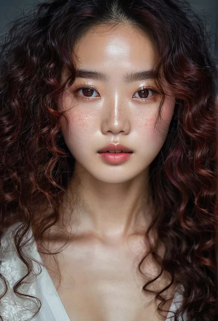 Korean lady, (freckles), ruby eyes, long curly hair, dark makeup, hyperdetailed photography, soft light, head and shoulders portrait, cover