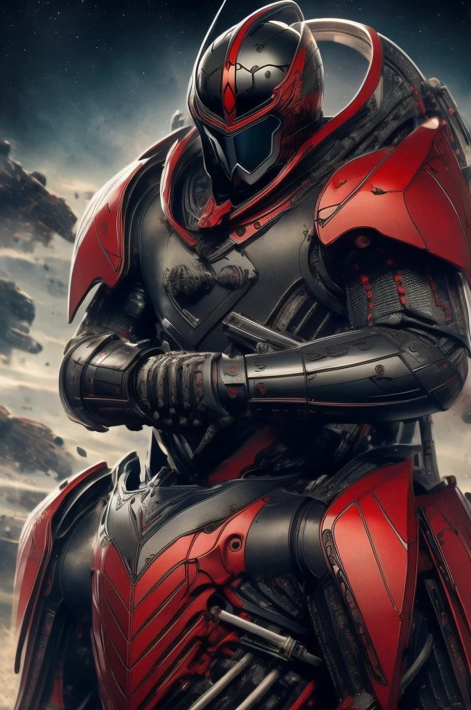 masterpiece, high quality, Big man, red armor, diving tanks, Red eyes, black sclera, SERIOUS LOOK, black trident, advanced age, black hair, strong, great bearing, helmet in hand, space background, planets