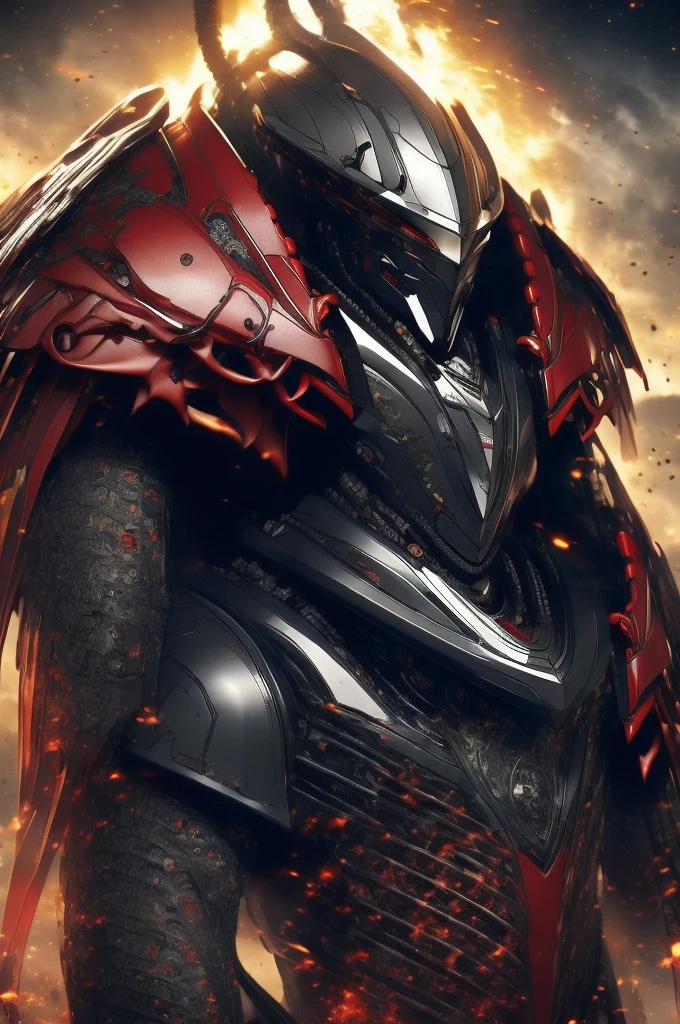 masterpiece, high quality, Big man, red armor, diving tanks, Red eyes, black sclera, SERIOUS LOOK, black trident, advanced age, black hair, strong, great bearing, helmet in hand, space background, planets 