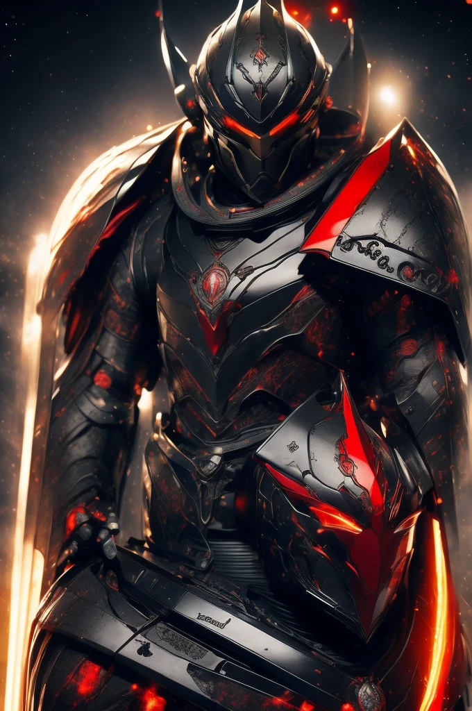 masterpiece, high quality, Big man, red armor, diving tanks, Red eyes, black sclera, SERIOUS LOOK, black trident, advanced age, black hair, strong, great bearing, helmet in hand, space background, planets
