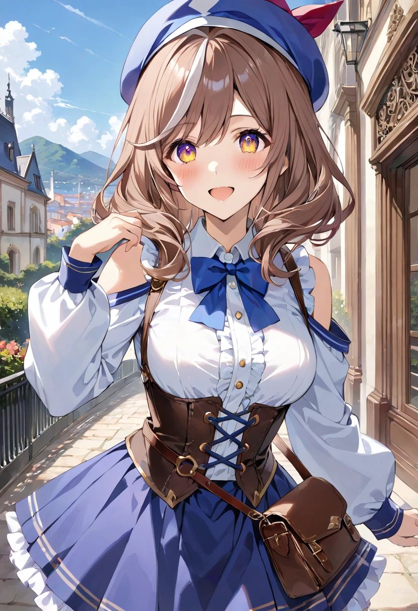 masterpiece, best quality, ultra detailed, detailed eyes, sparkling eyes, matikane tannhauser \(umamusume\), 1girl, cabbie hat, blue headwear, blue bowtie, cape, white shirt, collared shirt, shoulder cutout, puffy long sleeves, center frills, corset, belt pouch, belt, blue skirt, frilled skirt, upper body,smile,blush,open mouth,outdoors,day,looking at viewer,solo focus,(masterpiece, best quality, ultra detailed, detailed background, complex background), (perfect face, detailed face), perfect anatomy