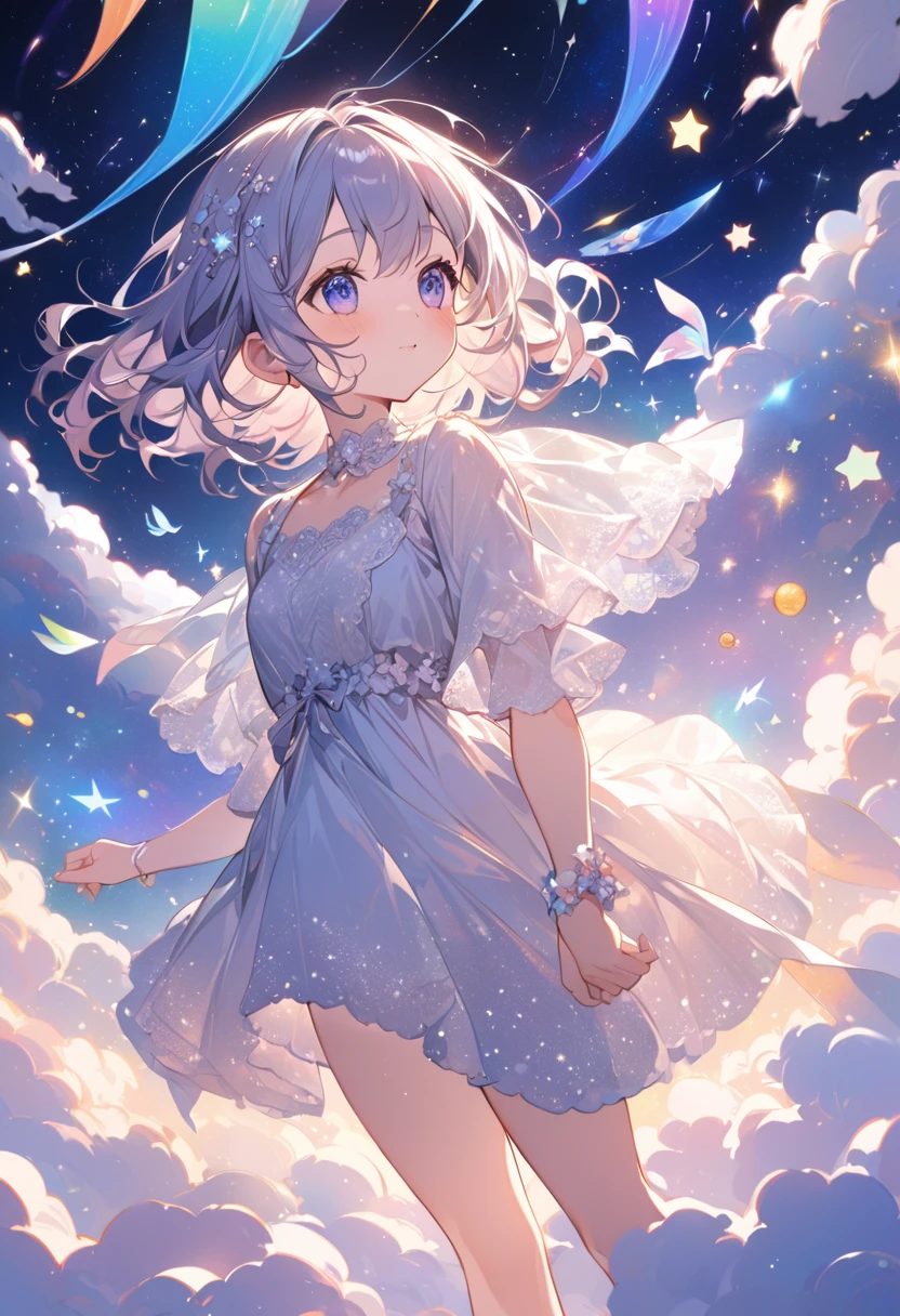 Attention to detail, Super Detail, Ultra-high resolution, A girl having a good time in a dream galaxy, Surrounded by stars, The warm light that shines on her, The background is a starry sky with colorful galaxies and galactic clouds, The stars fly around her, Delicate face, Add a playful touch , 
