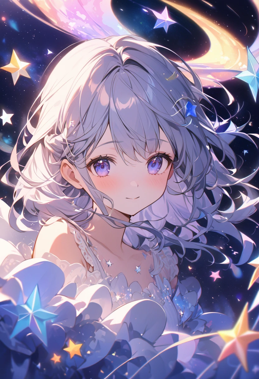 Attention to detail, Super Detail, Ultra-high resolution, A girl having a good time in a dream galaxy, Surrounded by stars, The warm light that shines on her, The background is a starry sky with colorful galaxies and galactic clouds, The stars fly around her, Delicate face, Add a playful touch , 