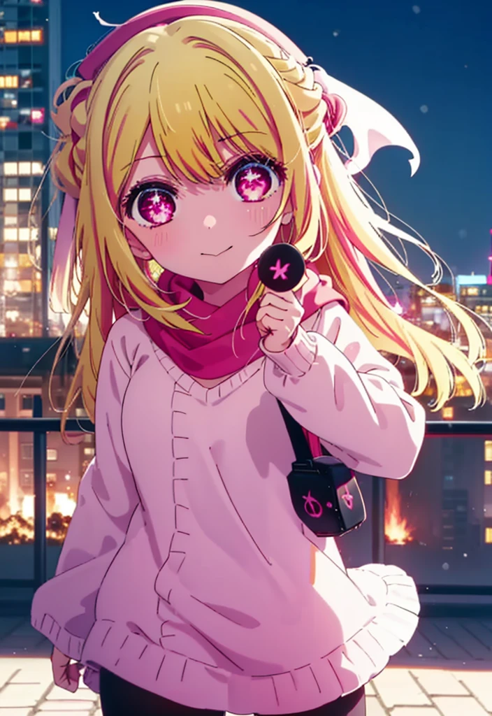 rubyhoshino, Ruby Hoshino, Long Hair, bangs, blonde, (Pink Eyes:1.3), (Symbol-shaped pupil:1.5), Multicolored Hair, Two-tone hair, smile,white breath,Knitted hat,Purple scarf,Red Sweater,Long skirt,Black Pantyhose,short boots,,Snow is piling up,it&#39;s snowing,whole bodyがイラスト入るように,
break outdoors, Area,
break looking at viewer, whole body, (Cowboy Shot:1. 5)
break (masterpiece:1.2), Highest quality, High resolution, unity 8k wallpaper, (shape:0.8), (Beautiful attention to detail:1.6), Highly detailed face, Perfect lighting, Highly detailed CG, (Perfect hands, Perfect Anatomy),