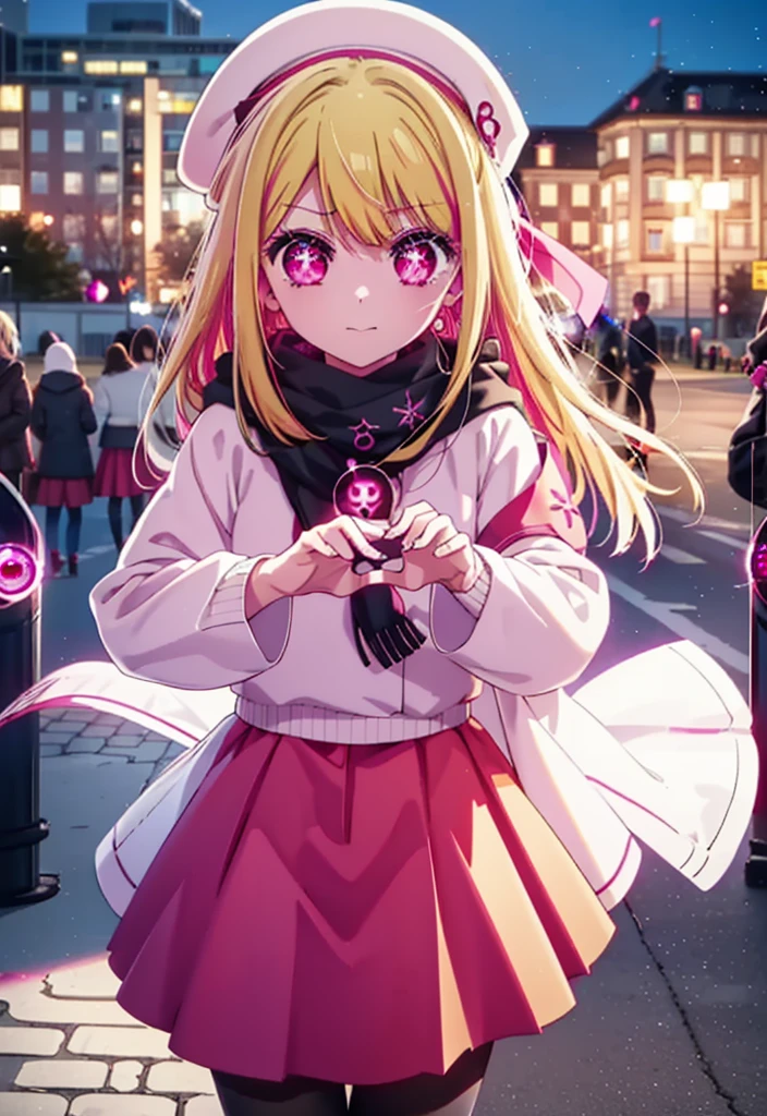 rubyhoshino, Ruby Hoshino, Long Hair, bangs, blonde, (Pink Eyes:1.3), (Symbol-shaped pupil:1.5), Multicolored Hair, Two-tone hair, smile,white breath,Knitted hat,Purple scarf,Red Sweater,Long skirt,Black Pantyhose,short boots,,Snow is piling up,it&#39;s snowing,whole bodyがイラスト入るように,
break outdoors, Area,
break looking at viewer, whole body, (Cowboy Shot:1. 5)
break (masterpiece:1.2), Highest quality, High resolution, unity 8k wallpaper, (shape:0.8), (Beautiful attention to detail:1.6), Highly detailed face, Perfect lighting, Highly detailed CG, (Perfect hands, Perfect Anatomy),