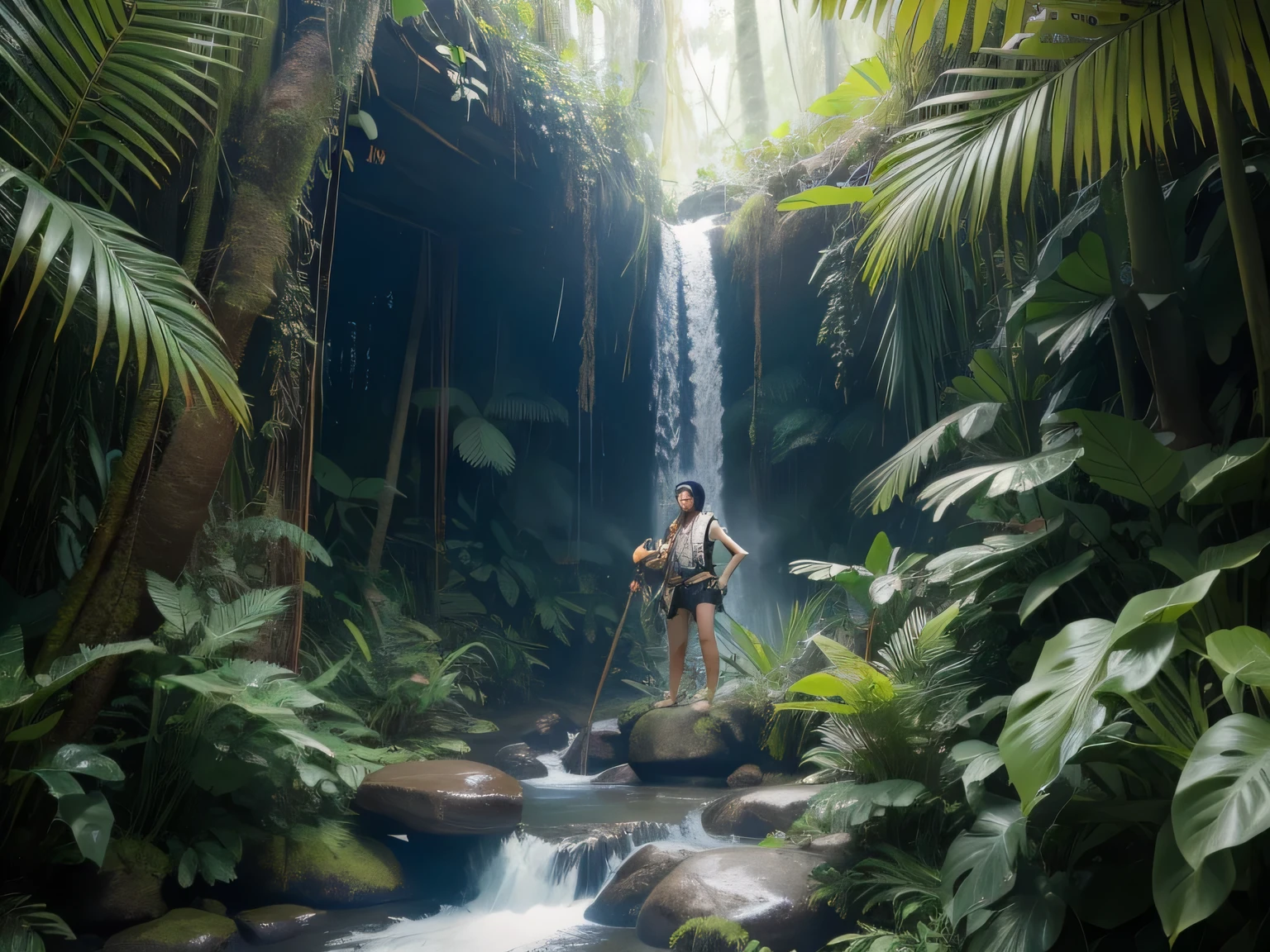 Jungle adventure，There was a man standing in the middle of the jungle, From the depths of the jungle of another world, In the jungle, In the jungle environment, photo shoot, In the jungle, national geographic photo shoot, In the tropical forest, In the jungle, indiana jones, In the jungle forest !!!, alien jungle, Shot with Canon EOA 6 D Mark II, 40s Adventurer