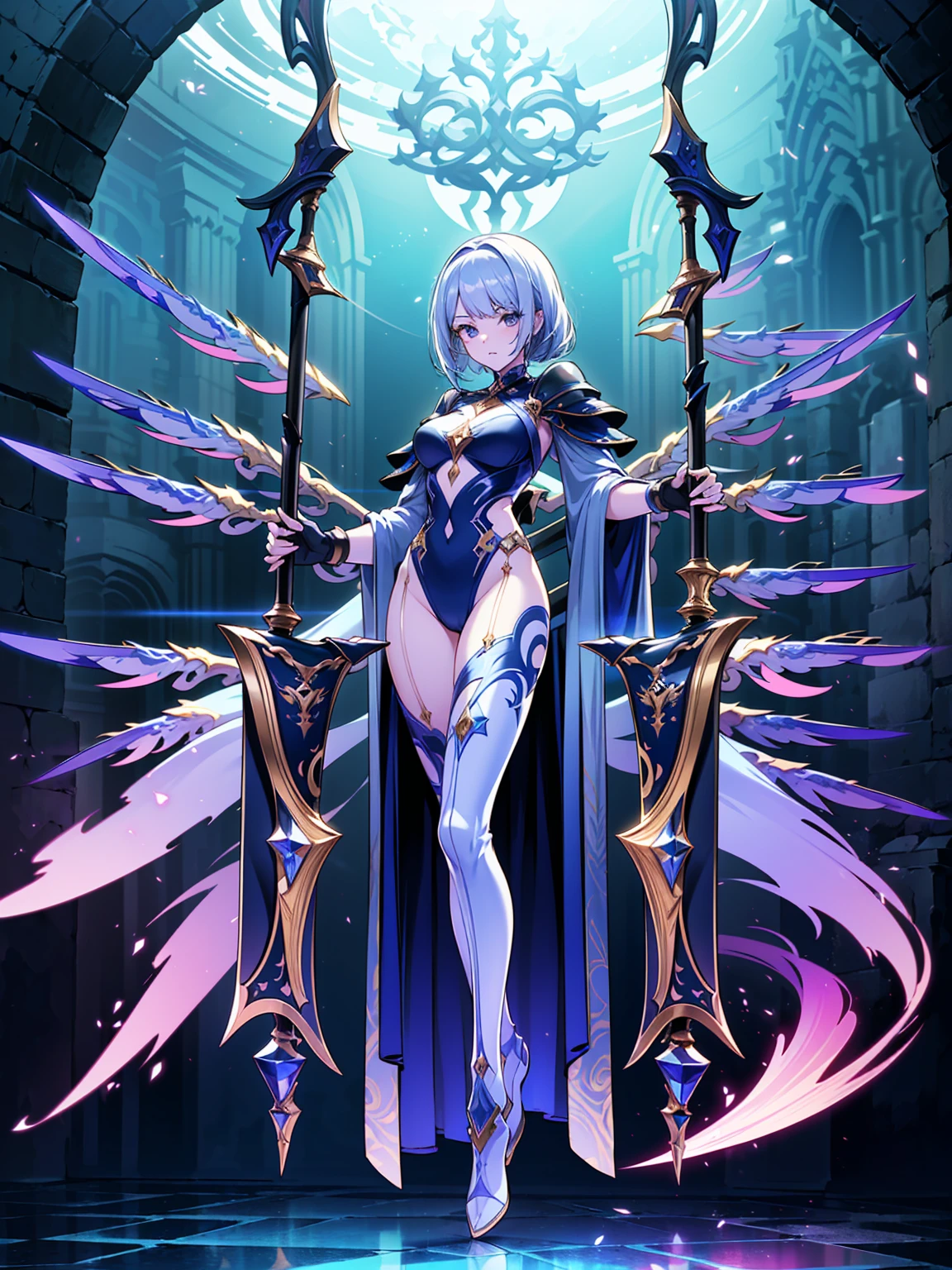 (((masterpiece, best quality, high detailed, 8k))) Design a layout showcase Gaming character, (1girl). Purple|Silver full body armor, stylish and unique. ((showcase weapon:1.4)), magical orb. (masterpiece:1.2), (best quality), 4k, ultra-detailed. (Step by step design, layout art:1.5), (luminous lighting, atmospheric lighting). sorceress, ((glove full hands)), (((revealing clothes:1.3))), vambraces, armored legwear, (((full_body_shot:1.4))). {In an enchanted castle}.