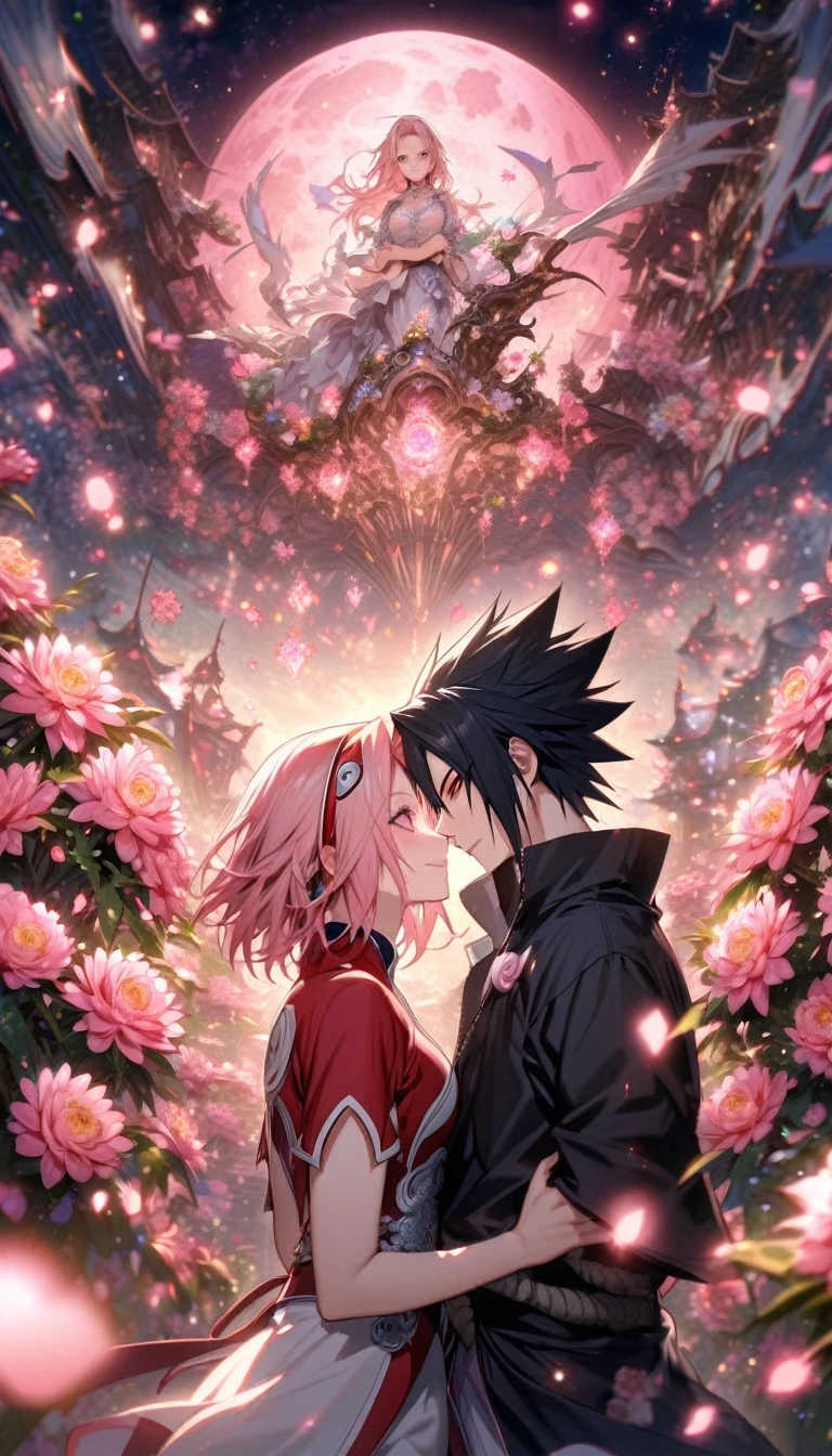 absurdres, highres, ultra detailed, HDR, master piece, best quality, extremely detailed, Uchiha Sasuke, black hair, expressive red eyes, Naruto Shippuden, Haruno Sakura, pink hair, expressive green eyes, handsome man together with a beautiful woman, couple, smile, white shirt, red shirt, fantasy, sparkling, pink glittering fireflies, pink moon, pink blossoms, pink chrysanthemums, pink sparkling lights, starry sky, magical