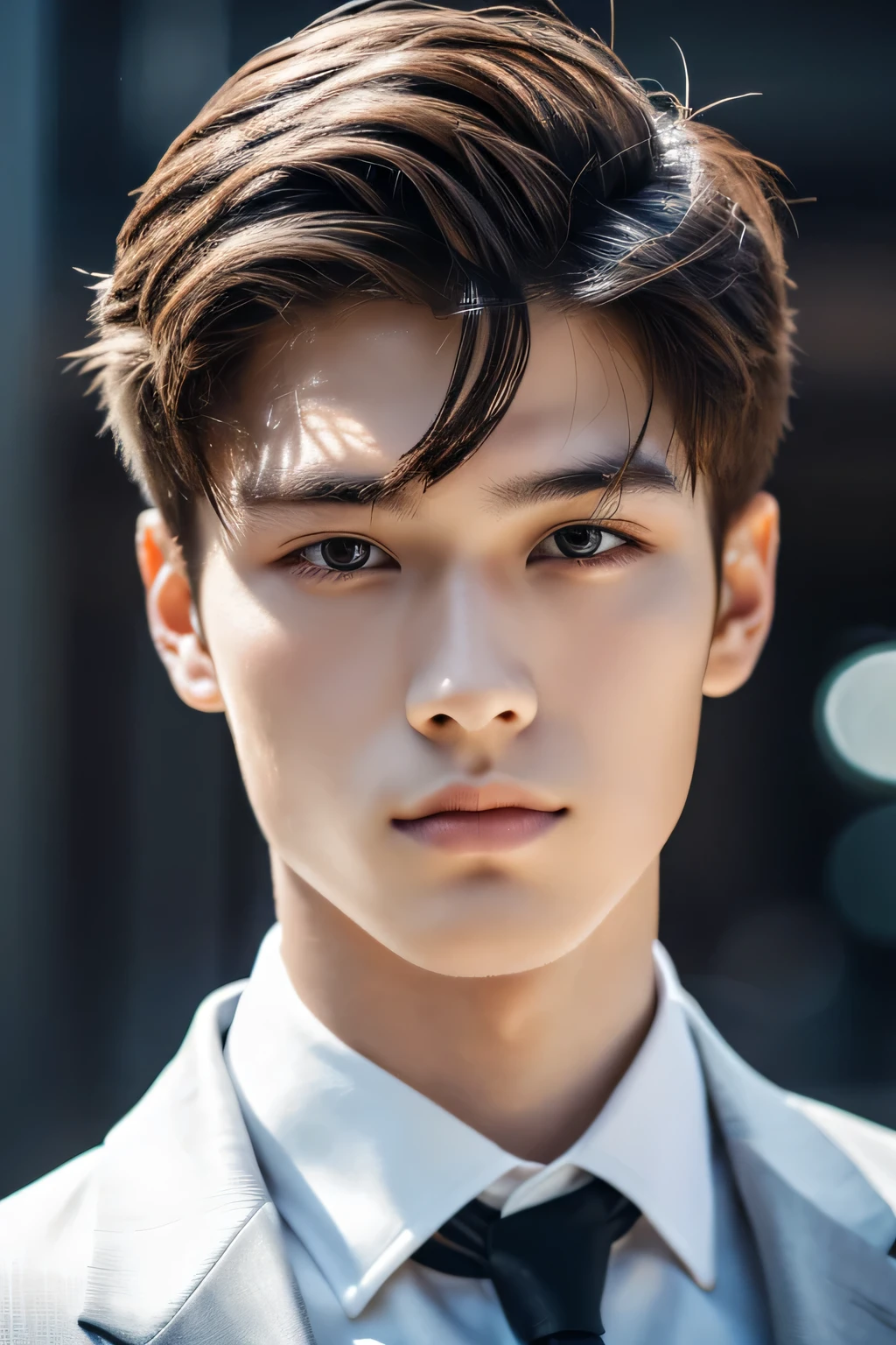 Highest quality, masterpiece, Ultra-high resolution, (Realistic: 1.4), Original photo, wallpaper, Head Photo, skin, Simple Background, Iris, detailed, Selfie, 1 boy, 18-year-old, good looking, Wind,suit