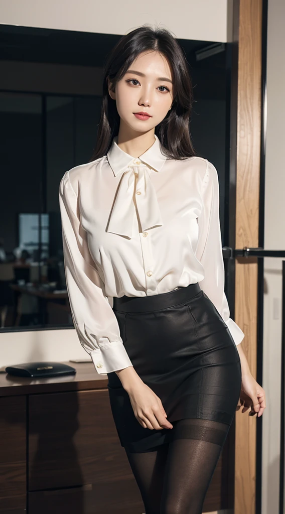 cute、Classy upper class elite secretary in luxury silk blouse, Skirt and thighs、Age 27、height 162cm、Walking the hallway、Office Clothes, (Wearing pantyhose,Realistic pantyhose)、Working in the office、Wearing an ultra-thin satin blouse, Wear high-quality high heels、 Blouse Girl, Wearing an elegant blouse, Wearing a very thin blouse, Businesswoman, Blouse and skirt, Wearing a silk blouse, Wear a shirt and skirt, RAW Photos, (8k、Highest quality、masterpiece:1.2)、(Intricate details:1.4)、(Photorealistic:1.4)、Octane Rendering、Complex 3D rendering with ultra-detail, Studio Soft Light, Rim Light, Vivid details, Super Detail, Realistic skin texture, Detailed aspect, Beautiful details in the eyes, Highly detailed CG Unity 16k wallpaper, compensate, (Detailed Background:1.2), Exposed thighs!!!,