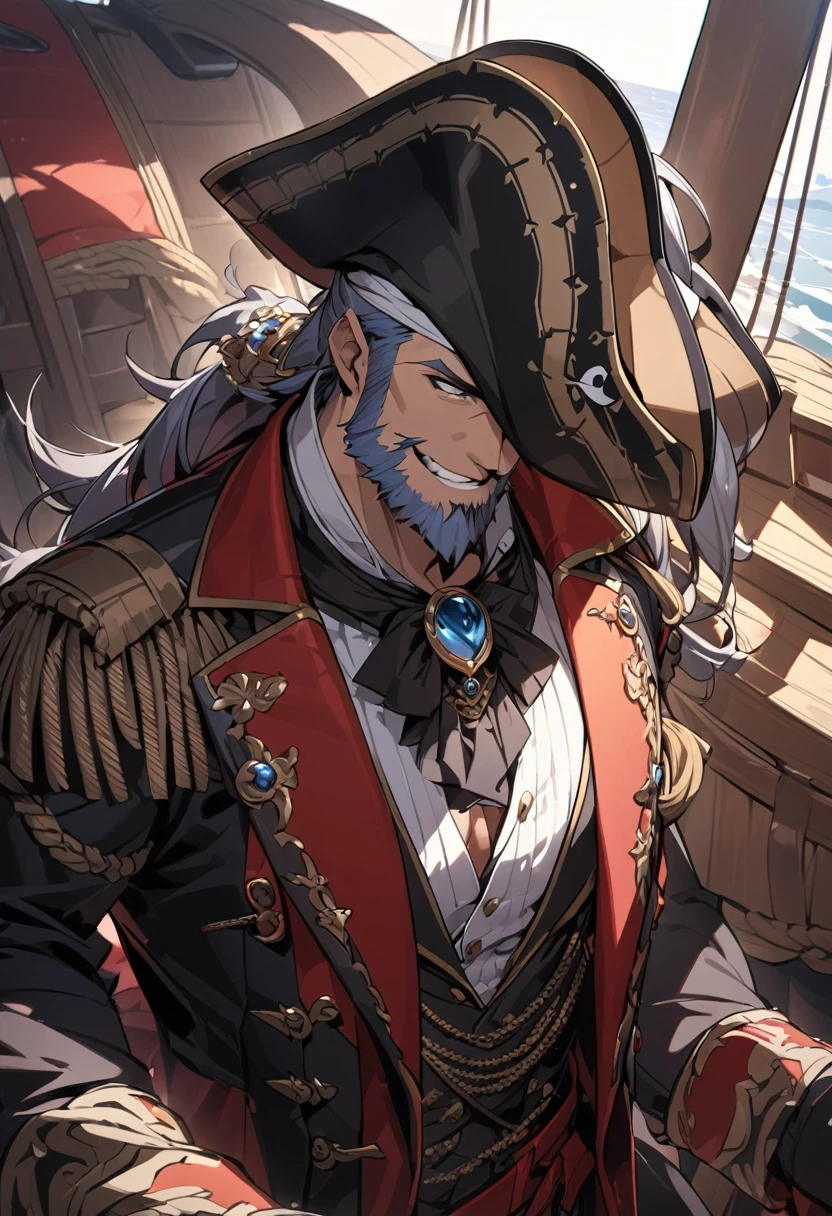 Highest quality, masterpiece, In detail, Sea賊の大男, beard, Wicked Smile, A pirate outfit with luxurious ornaments, Strong feeling, Sea, On the pirate ship