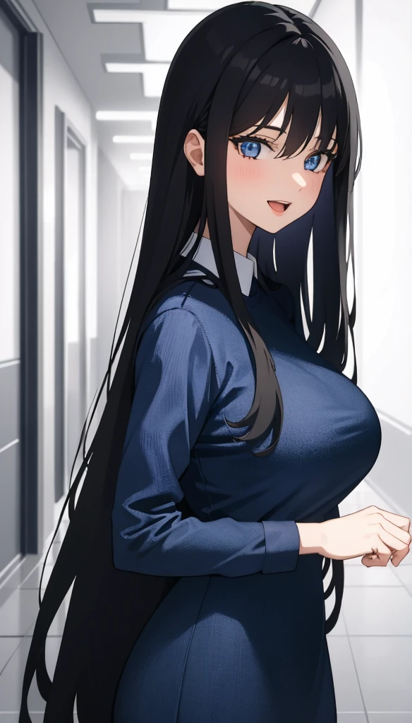 (masterpiece), (best quality), (ultra-detailed), ((girl, 29 years old)), an extremely delicate and beautiful, detailed eyes, minute details, (black hair, long hair, straight hair, hair between eyes), ((big breasts)), smile, open mouth, ((beautiful eyes)), (blue eyes), (upper body), she is wearing a blue dress, (detailed clothes), (detailed background, in a hospital, hospital hallway), (monochrome)