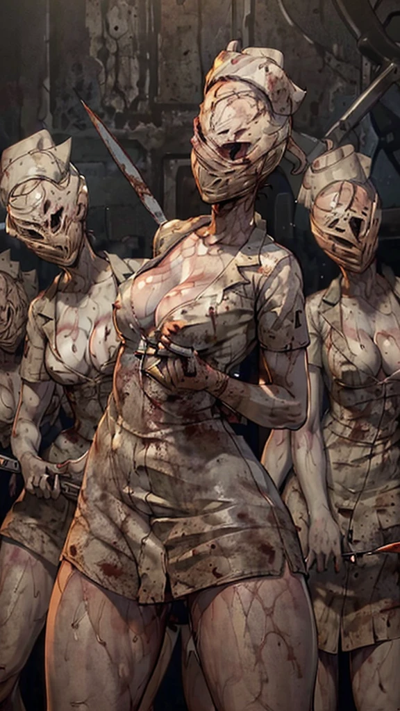 (NSFW:1.2, masterpiece, best quality)
SilentHillNurse, 1girl, multiple girls, hat, dress, holding, 2girls, cleavage, medium breasts, faceless female, weapon, blood, mask, short dress, knife, faceless, nurse cap, holding knife, nurse, no eyes, horror \(theme\)
