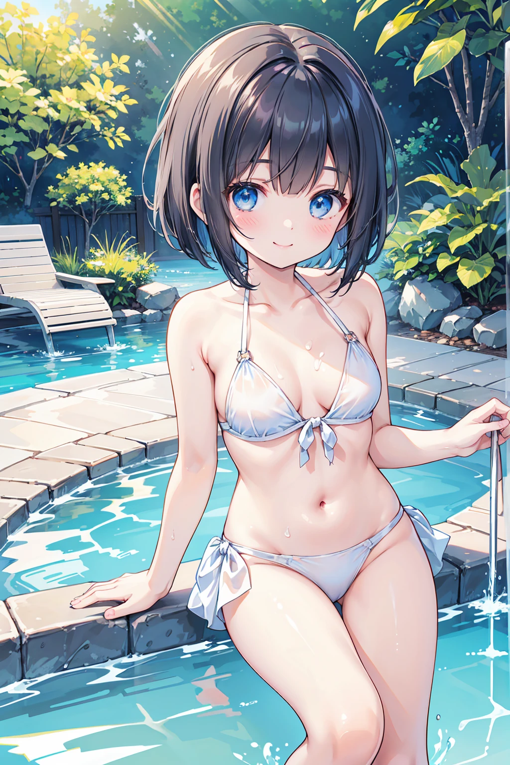 Photorealistic、Highest quality、Highest Resolution、Highest quality、８Ｋ、One beautiful woman、cute、Bob cut hair、Dark Hair Color、Pale blue eyes、Beautiful breasts、cuteフリルの水着、Halter Hook Swimsuit、Beautiful pool、Waterslide、looks fun、Frolic with a smile、