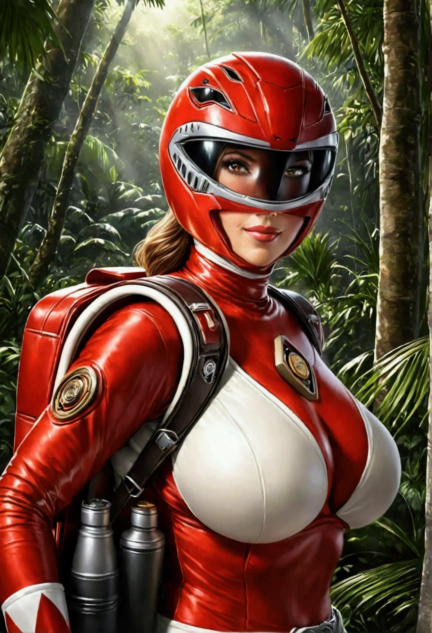 RAW, Best quality, high resolution, masterpiece: 1.3), Maturely charming woman in power ranger suit (iu:0.8), Best quality, high resolution, Masterpiece: 1.3, Alluring milf in power ranger gear, Masterpiece, Seductive smile, Realistic, 1woman, Captivating eyes, Glowing eyes, Parted lips, Gigantic breasts, Full-length, Stunning figure, Aesthetics of maturity, Daring from the jungle, Guardian of mysterious creatures, Observing the terrain, In ambush, Studying the environment found, In ranger clothes, With a large backpack, Detailed outfit,