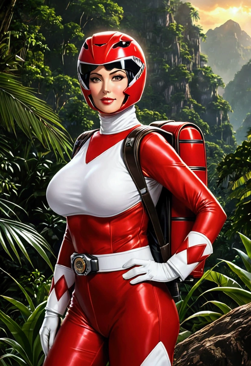 RAW, Best quality, high resolution, masterpiece: 1.3), Maturely charming woman in power ranger suit (iu:0.8), Best quality, high resolution, Masterpiece: 1.3, Alluring milf in power ranger gear, Masterpiece, Seductive smile, Realistic, 1woman, Captivating eyes, Glowing eyes, Parted lips, Gigantic breasts, Full-length, Stunning figure, Aesthetics of maturity, Daring from the jungle, Guardian of mysterious creatures, Observing the terrain, In ambush, Studying the environment found, In ranger clothes, With a large backpack, Detailed outfit,