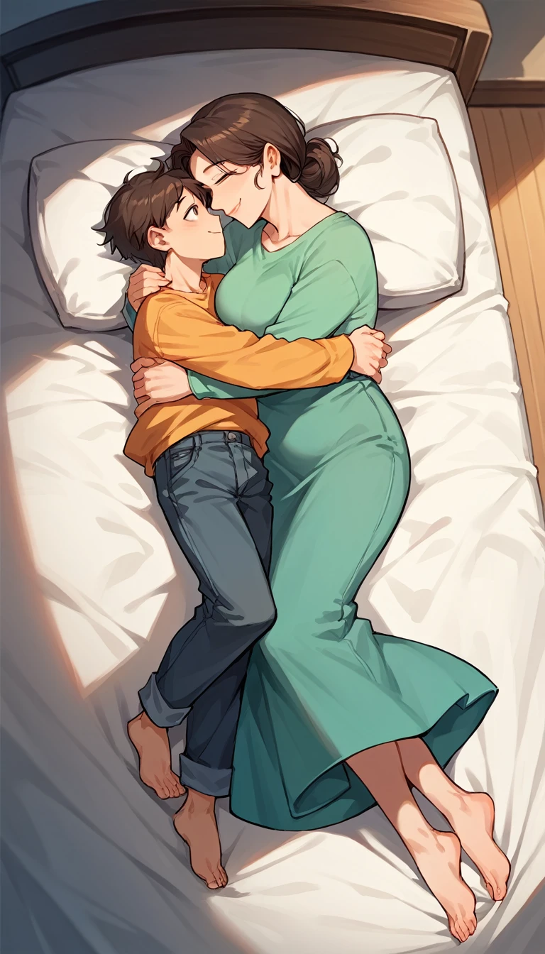 score_9, score_8_up, score_7_up, source_anime, 1boy, 1girl, mature female, mother and son, kid, hug, smile, staring at each other, lying on bed, full body, sexy, hetero