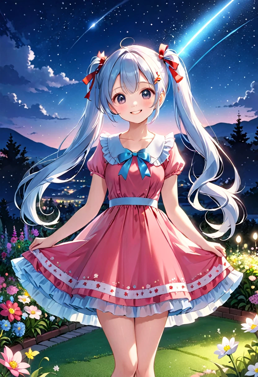 Light blue long hair、Beautiful girl with twin tails、The dress has a cute big red ribbon、Pink Dress、Bright smile、Night Sky、Moonlit Night、shooting star、Face Highlights、A lawn garden with lots of flowers blooming