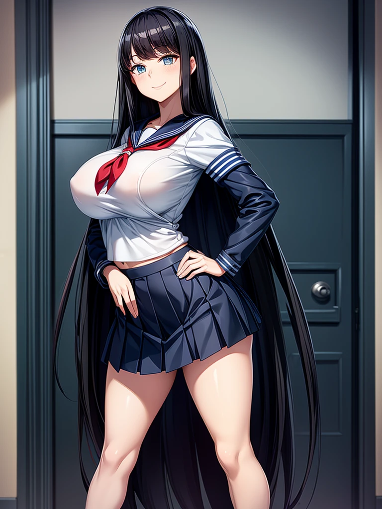 Top quality, school, high school girl, beautiful face, beautiful eyes, beautiful woman, elegant face, intelligent face, bewitching smile, beautiful glossy black hair, straight long hair, huge breasts, curvaceous beauty, narrow waist, , sailor suit , short navy pleated skirt, elegant behavior