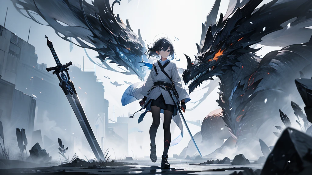 A girl holding a sword on a desolate battlefield。The color of the clothes is white。