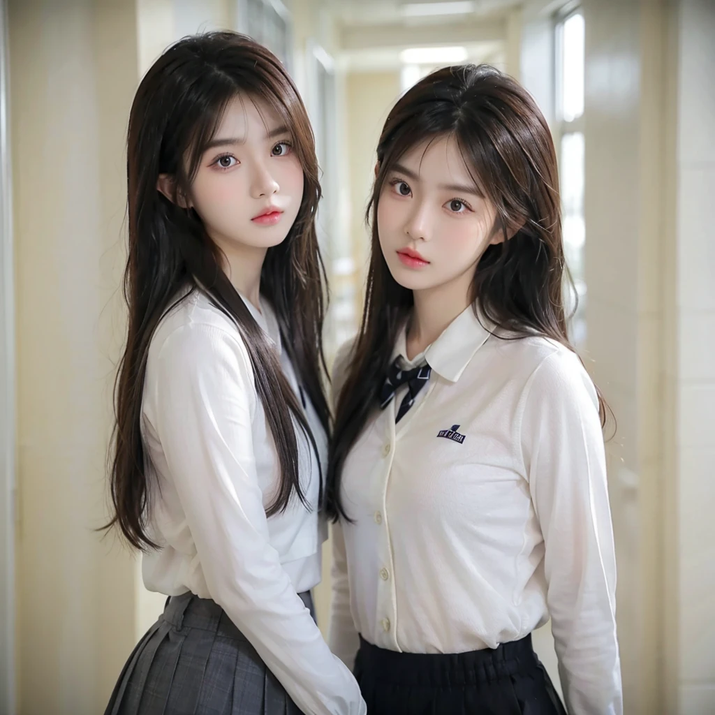 Beautiful girl, wearing a school uniform, white clothes, black trousers and gray school alma mater, flat expression, bad girl expression, oval layered hair, background in the school hallway, korean face girl, biting a hair tie
