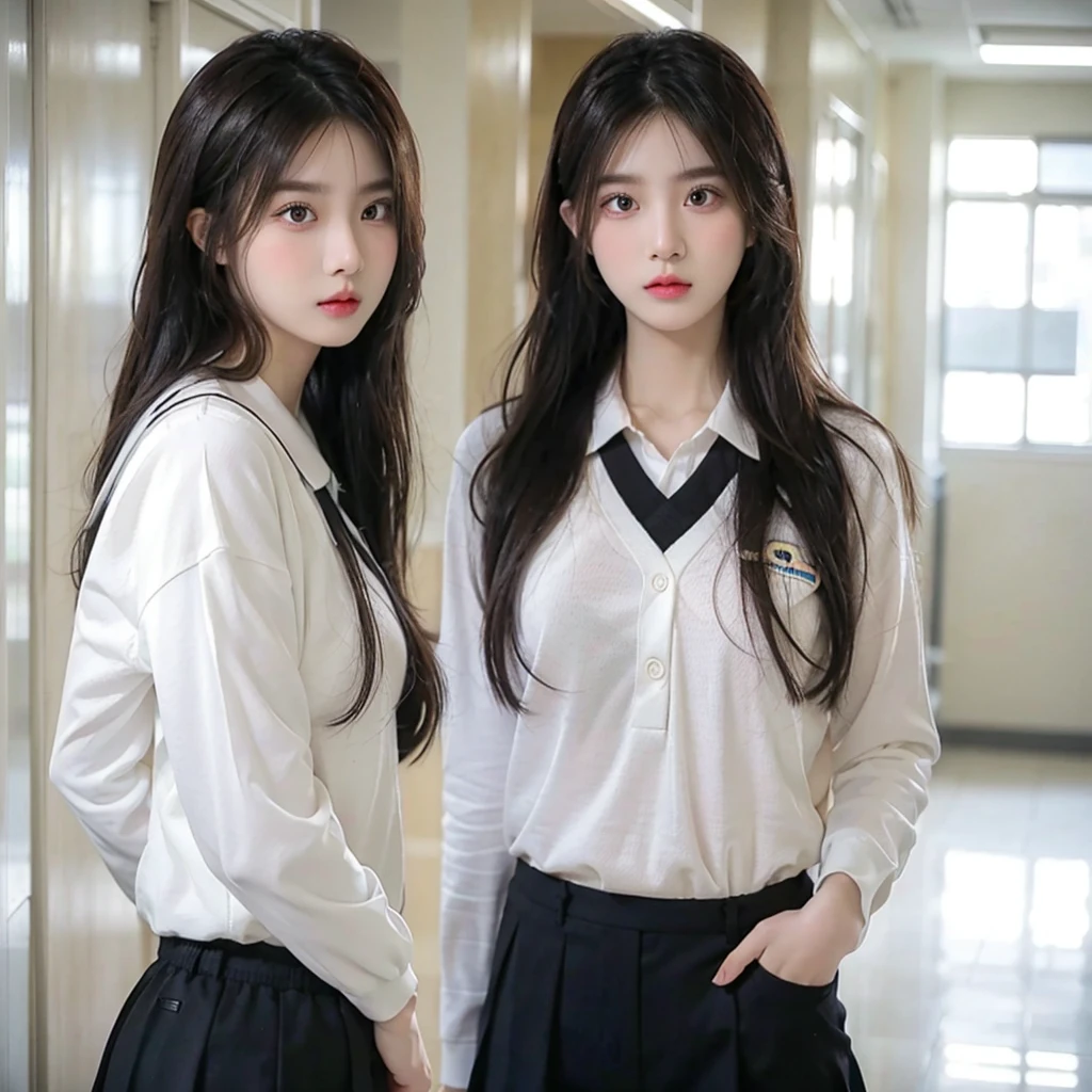 Beautiful girl, wearing a school uniform, white clothes, black trousers and gray school alma mater, flat expression, bad girl expression, oval layered hair, background in the school hallway, korean face girl, biting a hair tie