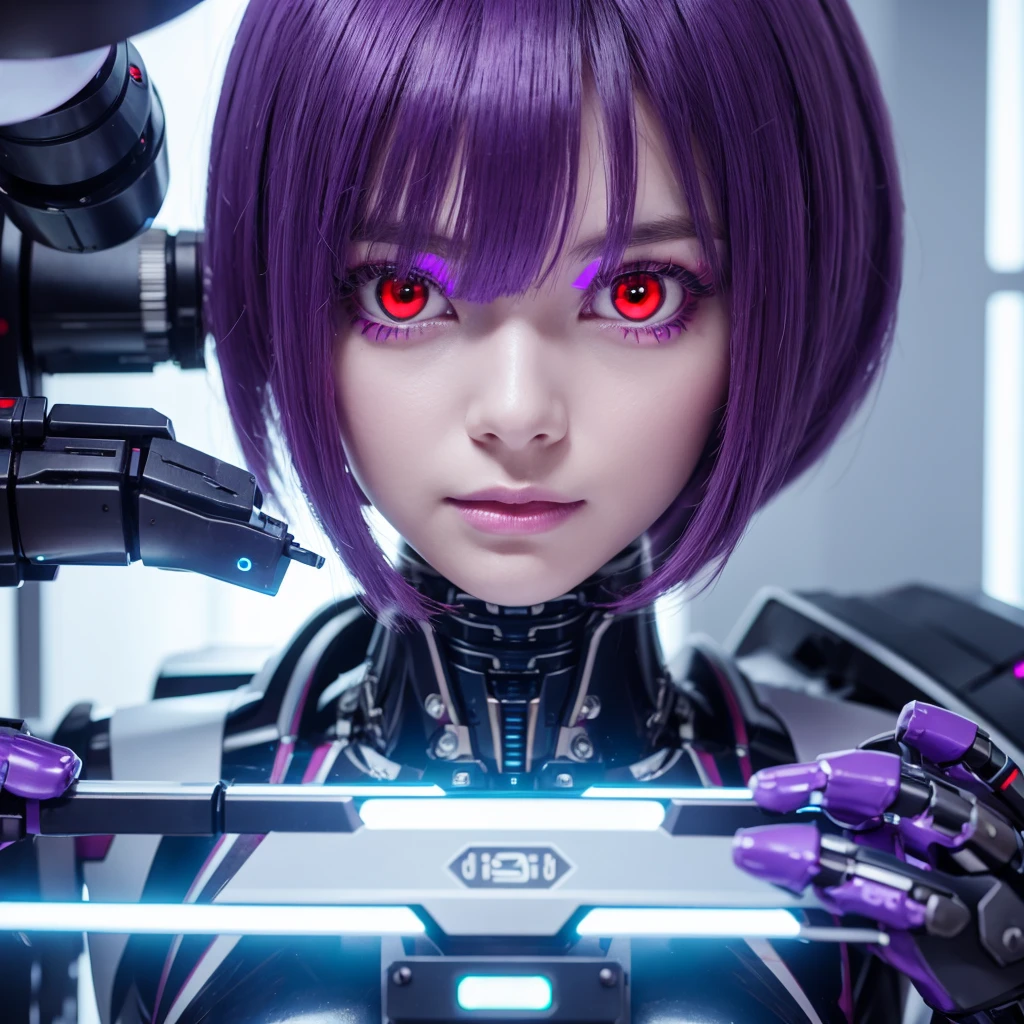 Futuristic female robot with purple bob hair and red eyes in a laboratory