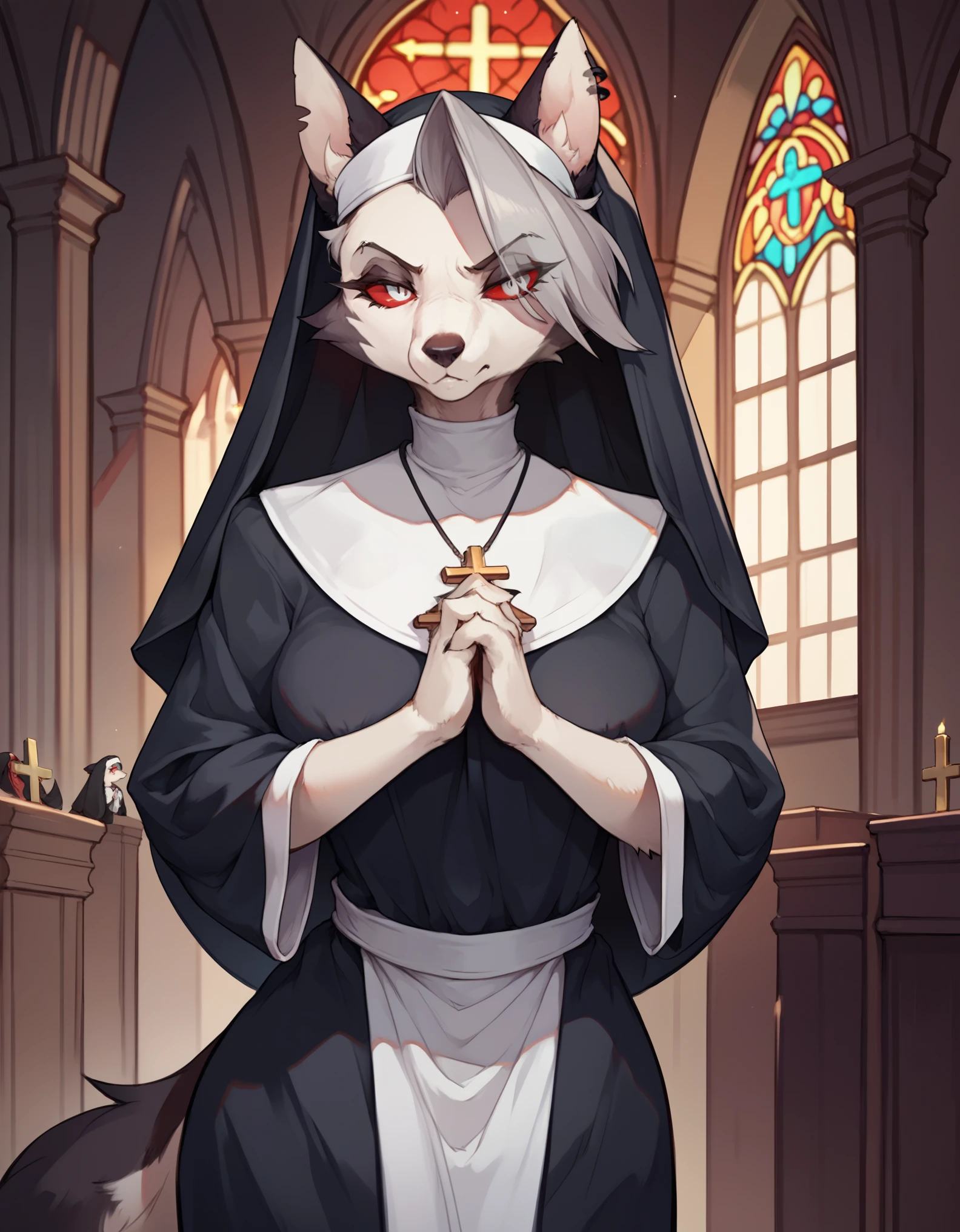 score_9,score_8_up,score_7_up, source_cartoon, kemono style, Anthro furry hellhound, loona from helluva boss, furry body, white eyes, red sclera, she looks serious, wearing sexy nuns outfit, nun hat, nun dress, exposed leg, praying, standing, ina church