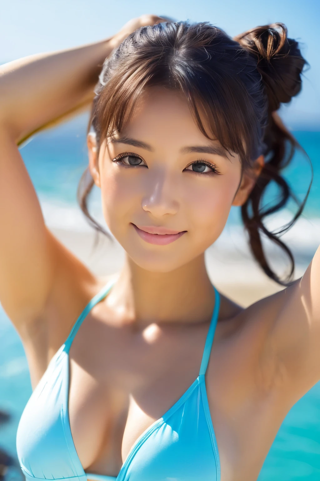 ((Highest quality, 8k, masterpiece :1.3)), One Girl, beautiful woman with slim abs :1.3, (Random Hairstyles :1.2), Micro Bikini, Highly detailed face, fine grain, double eyelid, Underarm、