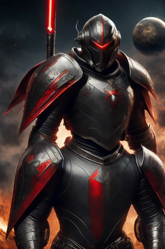 masterpiece, high quality, Big man, red armor, diving tanks, Red eyes, black sclera, SERIOUS LOOK, black trident, advanced age, black hair, strong, great bearing, helmet in hand, space background, planets, visible face