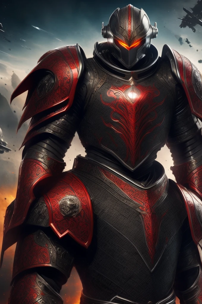 masterpiece, high quality, Big man, red armor, diving tanks, Red eyes, black sclera, SERIOUS LOOK, black trident, advanced age, black hair, strong, great bearing, helmet in hand, space background, planets, visible face
