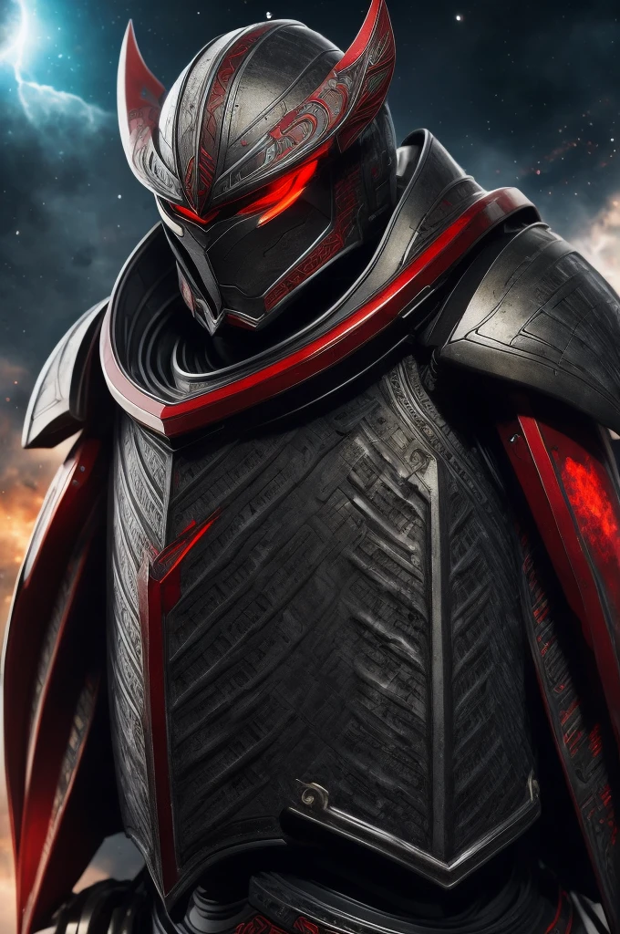 masterpiece, high quality, Big man, red armor, diving tanks, Red eyes, black sclera, SERIOUS LOOK, black trident, advanced age, black hair, strong, great bearing, helmet in hand, space background, planets, visible face