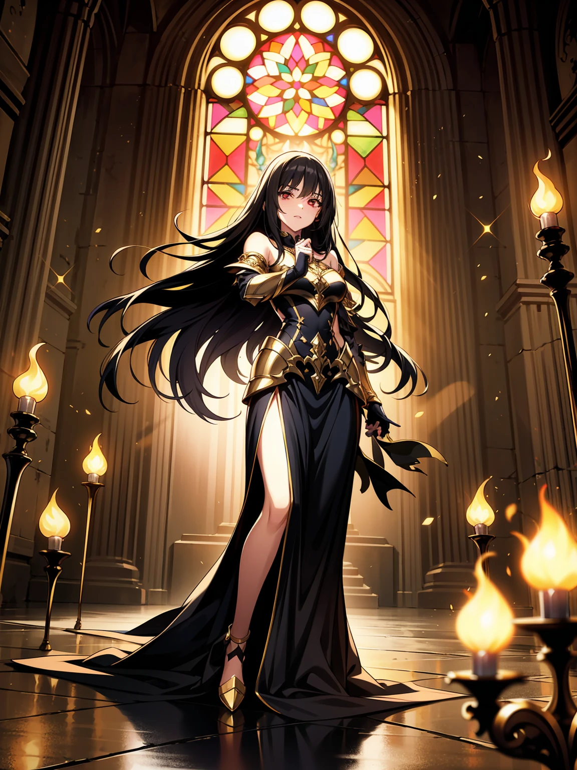 A breathtaking artwork of a female character of unimaginable beauty, set in a dark and opulent environment. The full-body view reveals an impressive figure, exuding an aura of power and mystery. She wears black and gold clothes, radiating a luxurious darkness. Her armor is detailed and characteristic, with intricate golden designs that shimmer in the dim light. Ornate shoulder pads protect her shoulders, and the armor perfectly molds to her body, accentuating her formidable presence. Her long black hair flows like a river of darkness, contrasting with her mesmerizing scarlet eyes. Her beauty is almost supernatural, a perfect blend of grace and menace. She wields a cursed blade that seems to pulse with malevolent energy, enhancing her aura of danger. The setting around her is a gothic and luxurious environment, with dark arches and stained glass windows that filter a supernatural light. In the background, candles flicker, casting dancing shadows on the intricately carved stone walls. It is a place that blends elegance and terror, perfectly reflecting the essence of the character.