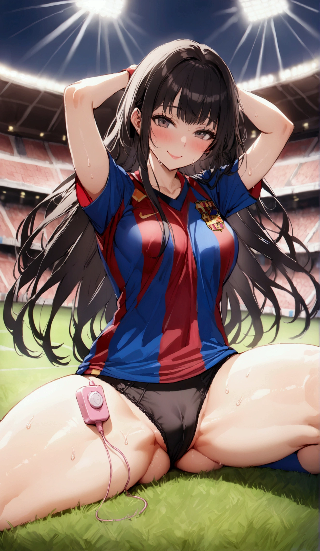 One Woman、beautiful girl、high school girl、Soccer uniforms、Barcelona uniforms、Long Hair、smile、Black sports panties、Shorts、pantspull、Football Stadium、soccer ball、The stands are full、Kicking the ball、Highest quality、Black Hair、Sweaty body、10 times、Sweaty crotch、Thick thighs、Big 、Big Ass、Place a ball-shaped vibrator on your crotch、Supine Spider Pose