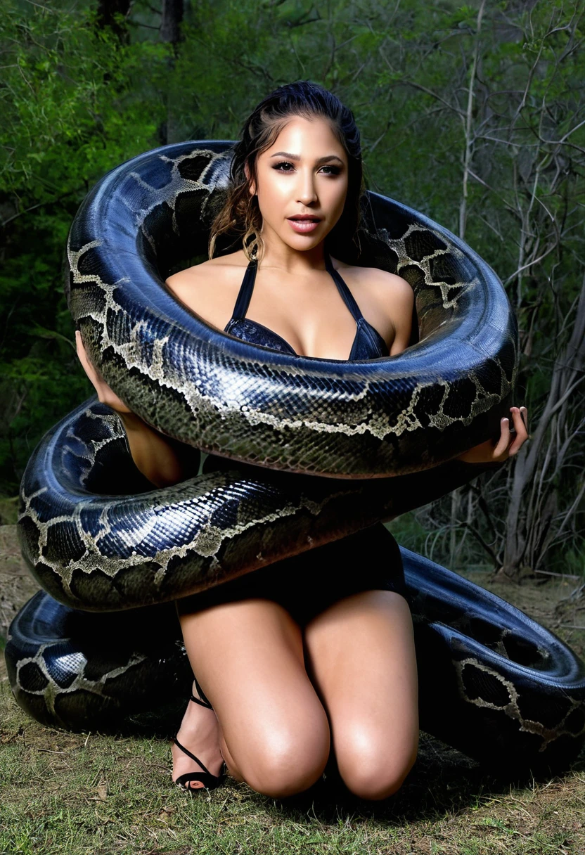 Happy Horny, aroused 1girl), beautiful kneeling abella  danger  with  giant colossal black titanboa squeezing her hard, wrapped in thick spiraling coils, constricted, struggle, gasping for air, snake attack, snake peril, moonless night, dim light