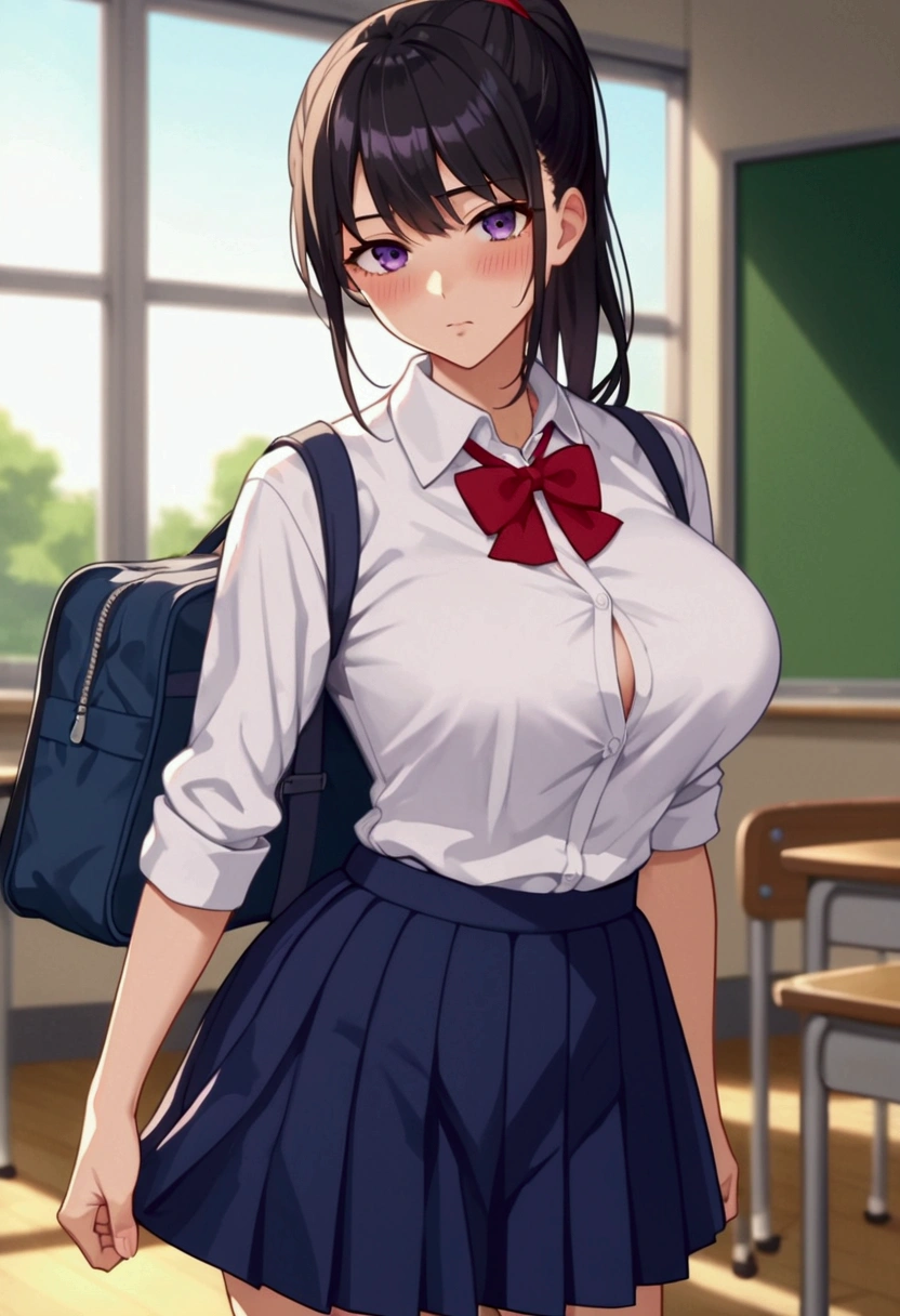 score_7_up, score_6_up, source_anime, anime screencap, 1girl, black hair, ponytail, purple eyes, large breasts, school, student, shirt, skirt, red ribbon, looking at viewer, standing, blush